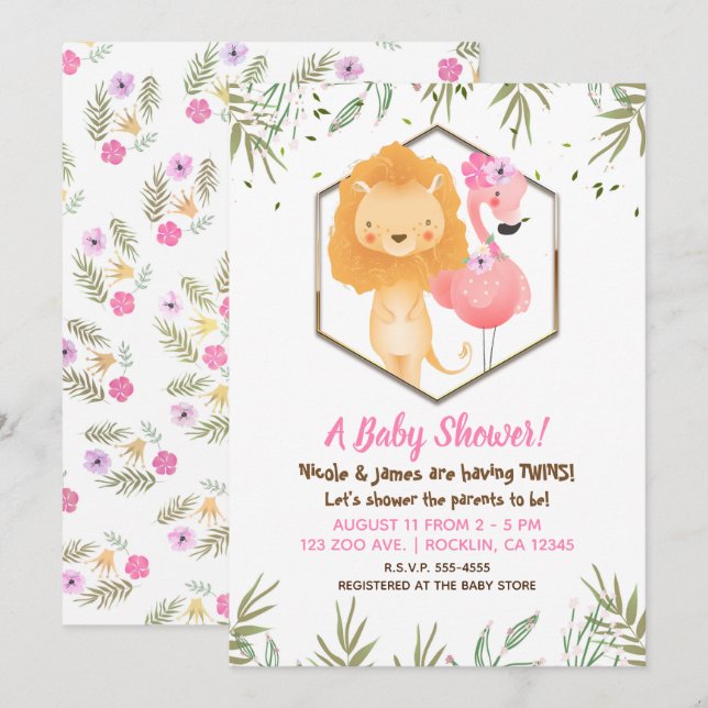 Invitation Flamant rose d'aquarelle tropicale et Baby shower  (Devant / Derrière)