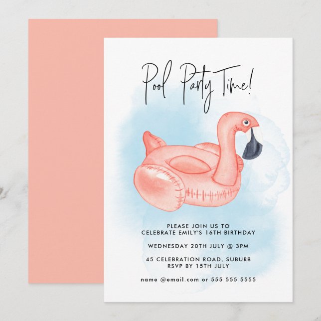Invitation Flamant rose de fête de la piscine d'été N'importe (Devant / Derrière)