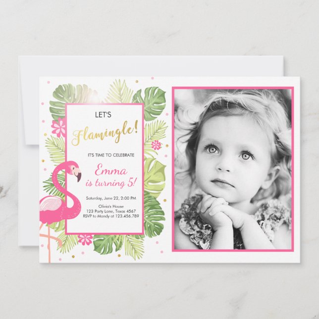 Invitation Flamant rose de fête Tropical Birthday luau (Devant)