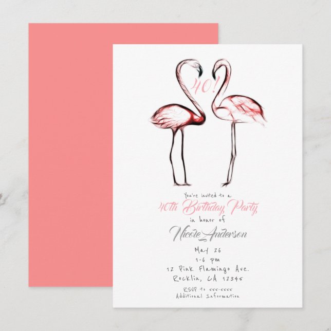 Invitation Flamant rose de Flamants roses roses Peach Anniver (Devant / Derrière)