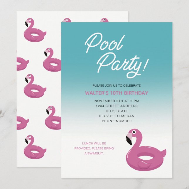 Invitation Flamant rose de la fête du pool (Devant / Derrière)