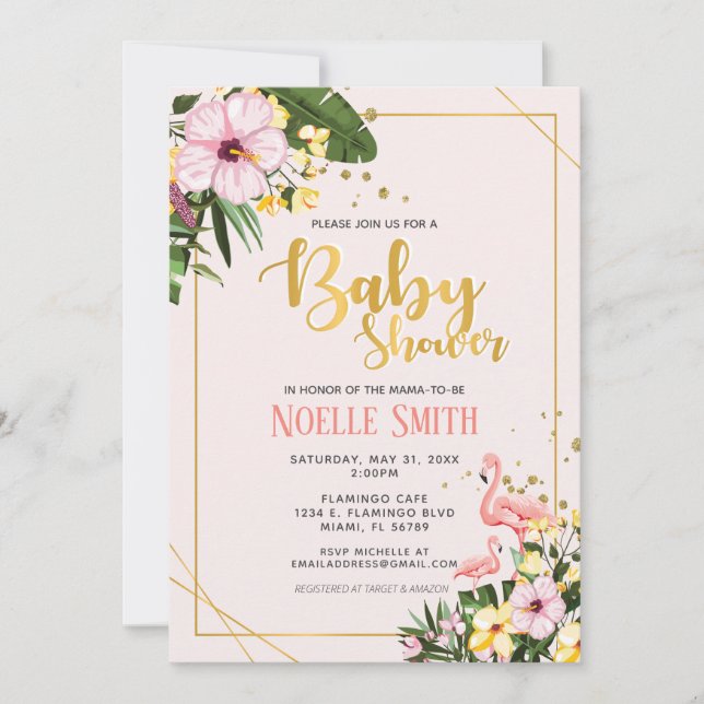 Invitation Flamant rose d'or floral tropical Baby shower rose (Devant)