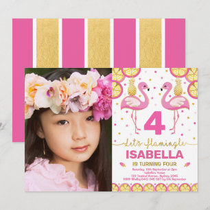 Invitation Flamant rose d'or rose Anniversaire Tropical Pool 