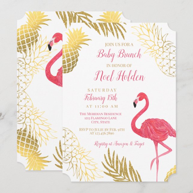 Invitation Flamant rose et ananas Gold Bébé Brunch Douche pou (Devant / Derrière)