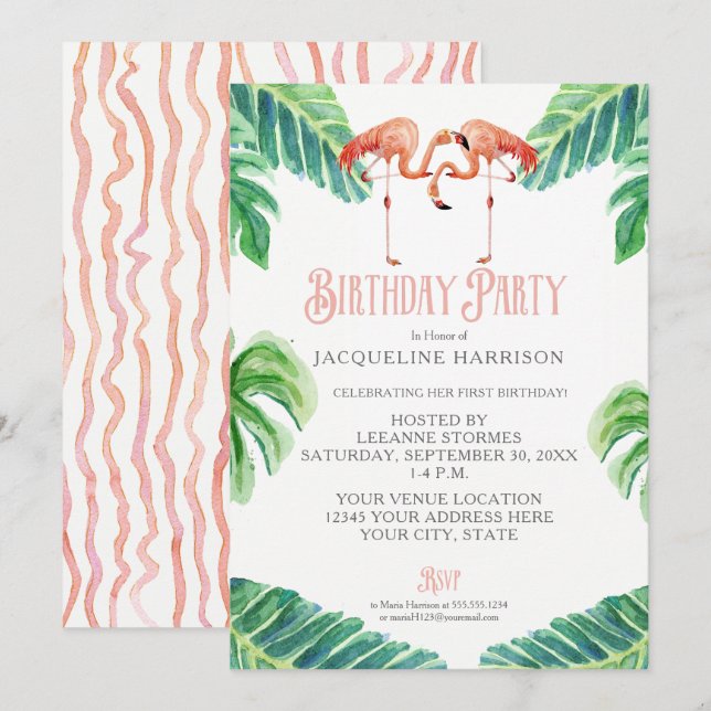 Invitation Flamant rose Feuille rose aquarelle de fête d'anni (Devant / Derrière)