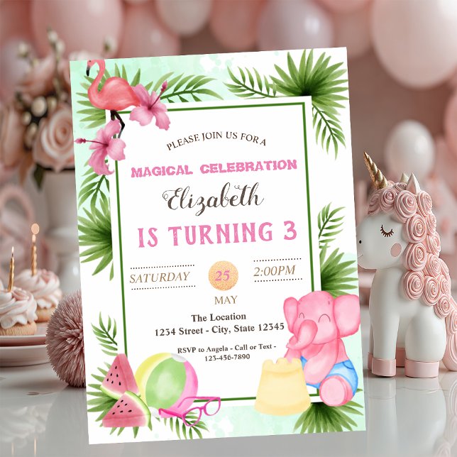 Invitation Flamant rose, Feuilles tropicaux, Anniversaire d'é (Créateur téléchargé)