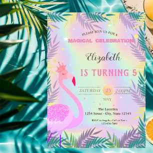 Invitation Flamant rose, Feuilles tropicaux Holographique Ann