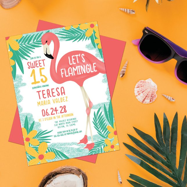 Invitation Flamant rose flamand Tropical Floral Quinceañera (Créateur téléchargé)