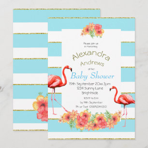 Invitation Flamant rose Fleurs tropicales Baby shower à bande