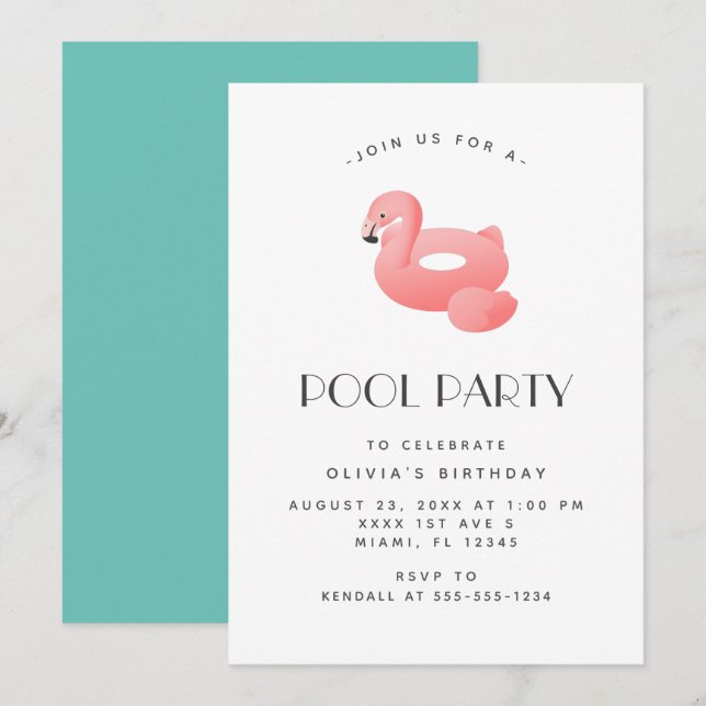 Invitation Flamant rose Float Pool Party Anniversaire (Devant / Derrière)