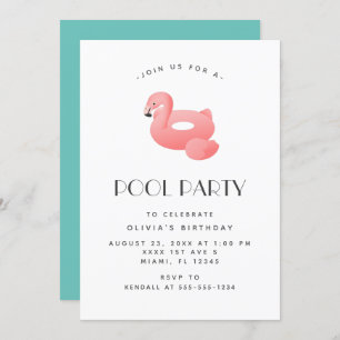 Invitation Flamant rose Float Pool Party Anniversaire