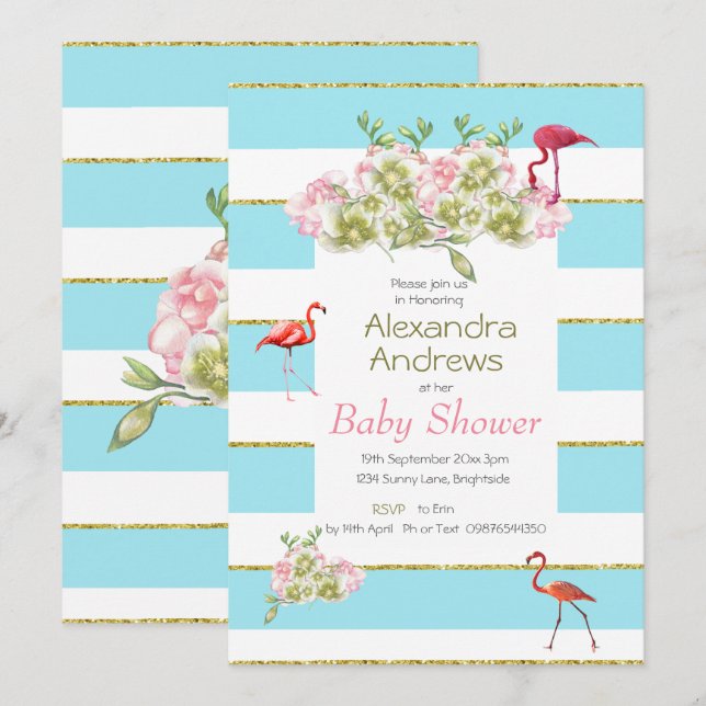 Invitation Flamant rose Floral Blue Stripe Baby shower (Devant / Derrière)