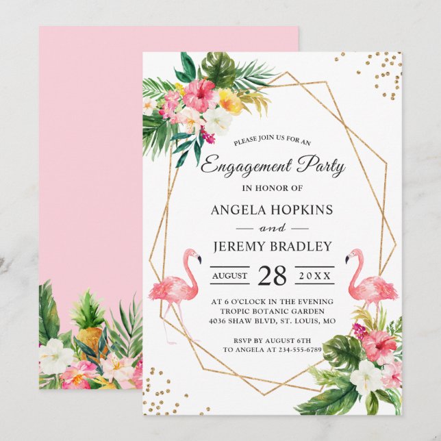 Invitation Flamant rose floral tropical (Devant / Derrière)