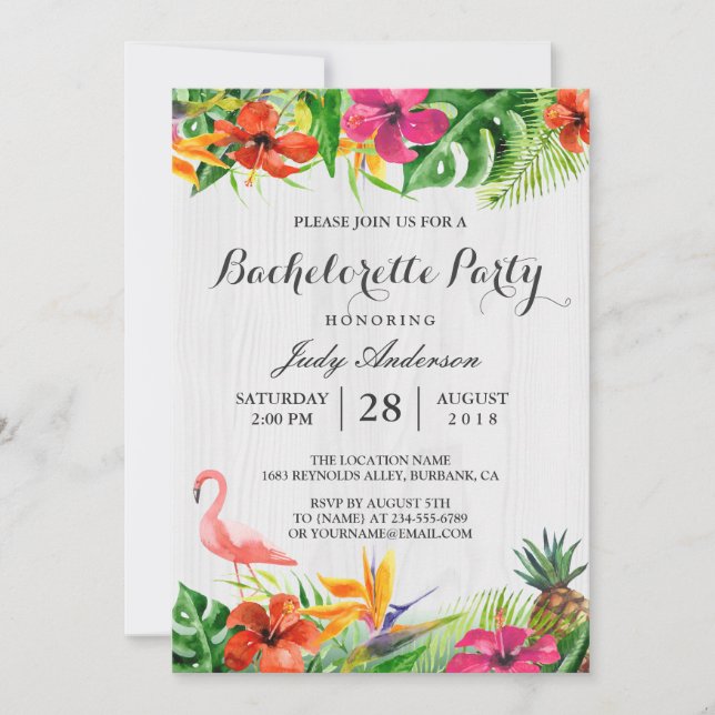 Invitation Flamant rose floral tropical Luau Bachelorette Par (Devant)