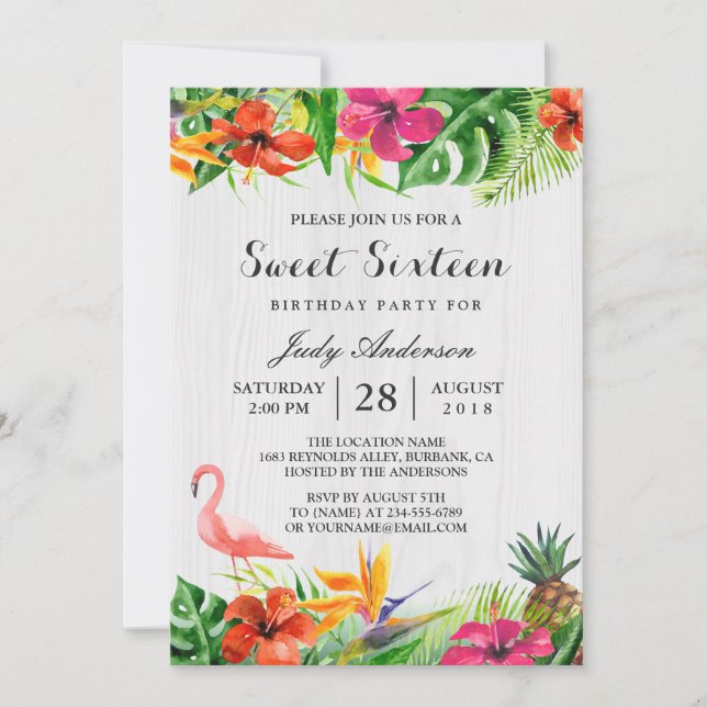 Invitation Flamant rose floral tropical Luau | Sweet 16 anniv (Devant)