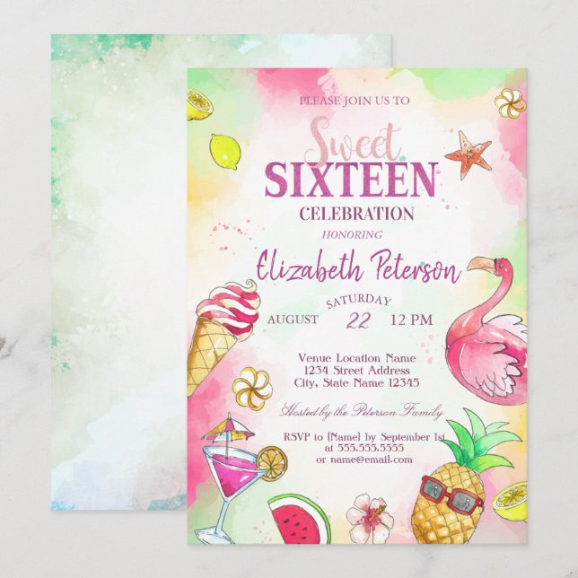 Invitation Flamant rose Fruits Piscine d'été Sweet 16 Party (Devant / Derrière)