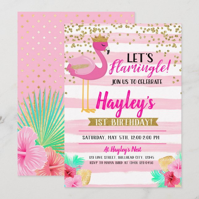 Invitation Flamant rose Girls Pink Gold Anniversaire Flamingl (Devant / Derrière)