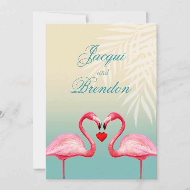 Invitation Flamant rose Heart Kiss| Mariage bleu menthe (Devant)