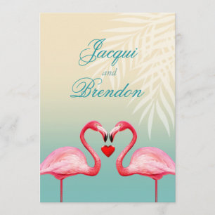 Invitation Flamant rose Heart Kiss Mariage bleu menthe