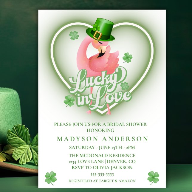 Invitation Flamant rose irlandais Lucky In Love Fête des mari (Irish Flamingo Lucky In Love Bridal Shower Invitation)