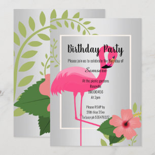 INVITATION FLAMANT ROSE LUMINEUX ARGENT HIBISCUS ANNIVERSAIRE