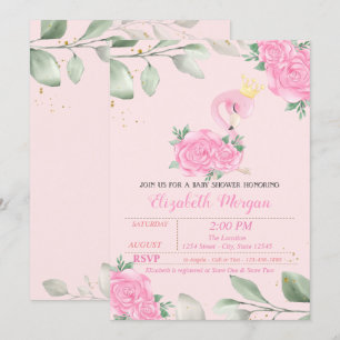Invitation Flamant rose mignon, Feuille, Baby shower Floral