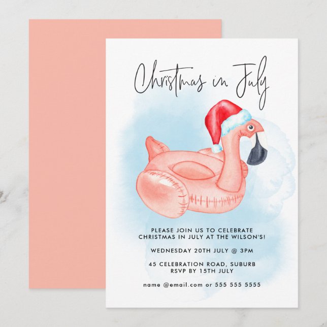 Invitation Flamant rose Noël En Juillet Piscine D'Été (Devant / Derrière)
