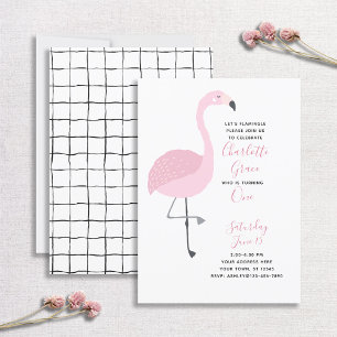 Invitation Flamant rose noir blanc rose 1er anniversaire