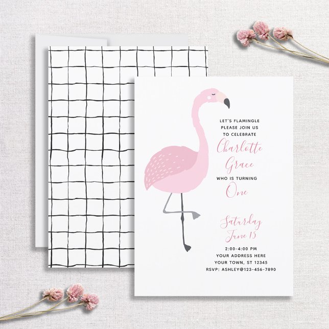 Invitation Flamant rose noir blanc rose 1er anniversaire (Créateur téléchargé)