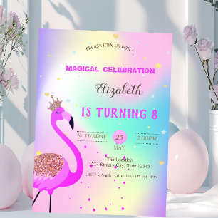 Invitation Flamant Rose Pailleté, Anniversaire Ombré Holograp