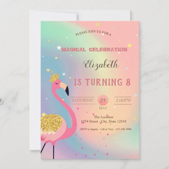 Invitation Flamant rose parties scintillant, Holographie colo (Devant)