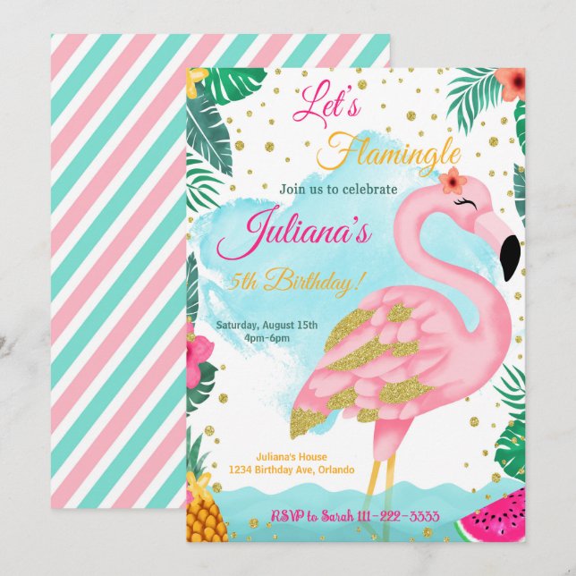 Invitation Flamant rose Parties scintillant rose aquarelle In (Devant / Derrière)