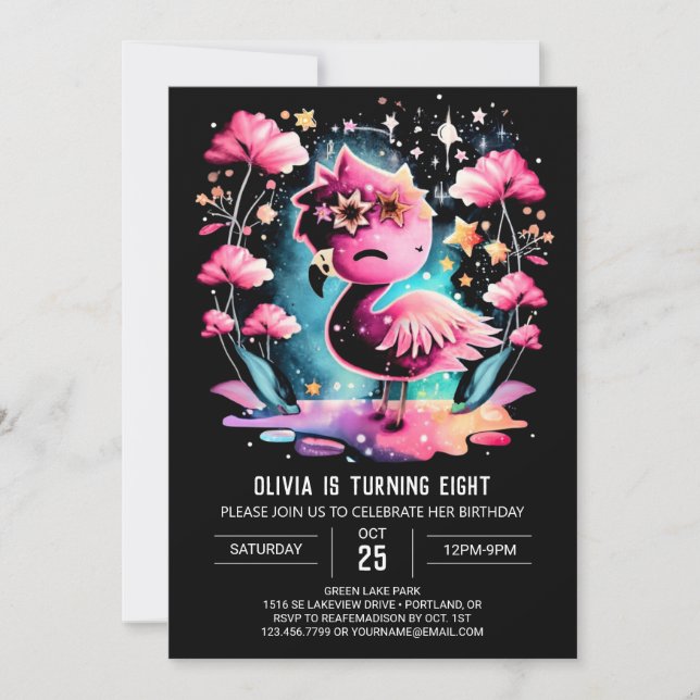 Invitation Flamant rose personnalisé élégant Anniversaire (Devant)