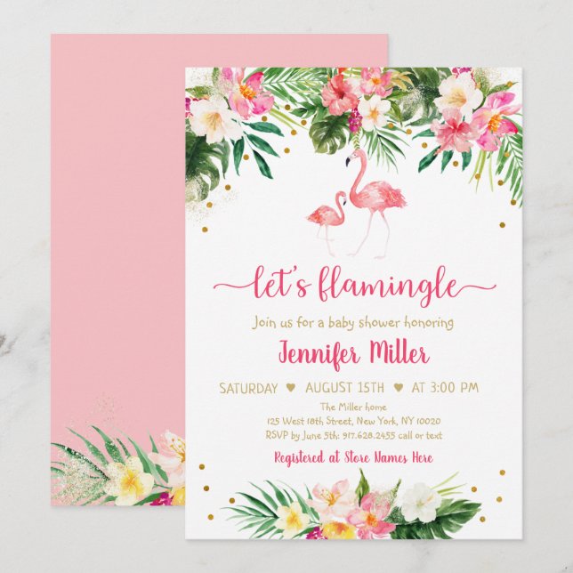 Invitation Flamant rose Pink Gold Tropical Floral Baby shower (Devant / Derrière)