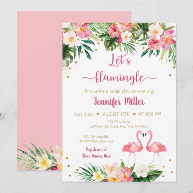Invitation Flamant rose Pink Gold Tropical Floral Fête des ma (Devant / Derrière)