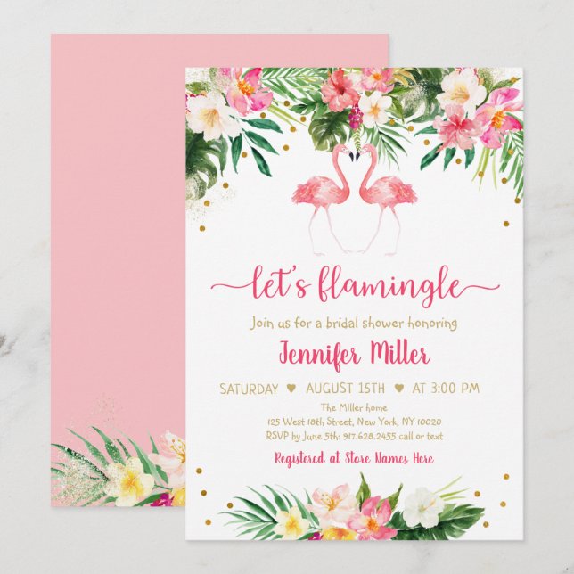 Invitation Flamant rose Pink Gold Tropical Floral Fête des ma (Devant / Derrière)