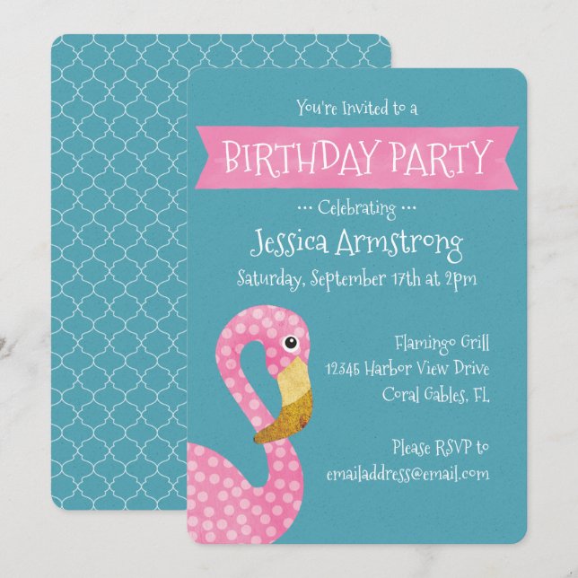 Invitation Flamant rose Pink Polka Dot (Devant / Derrière)