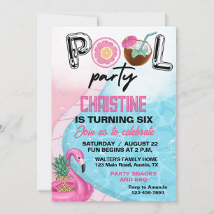 Invitation Flamant rose Piscine d'été Fête d'anniversaire