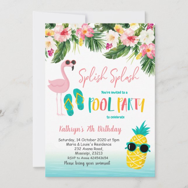 Invitation Flamant rose Piscine Fête d'été Anniversaire (Devant)