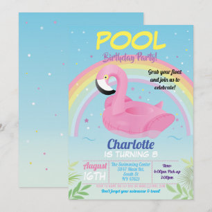Invitation Flamant rose Pool Party Anniversaire Rainbow Beach
