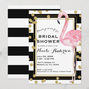 Invitation Flamant Rose Rayures Noir Blanc & Confettis Dorés