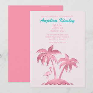 Invitation Flamant Rose Rétro Pailleté et Palmiers