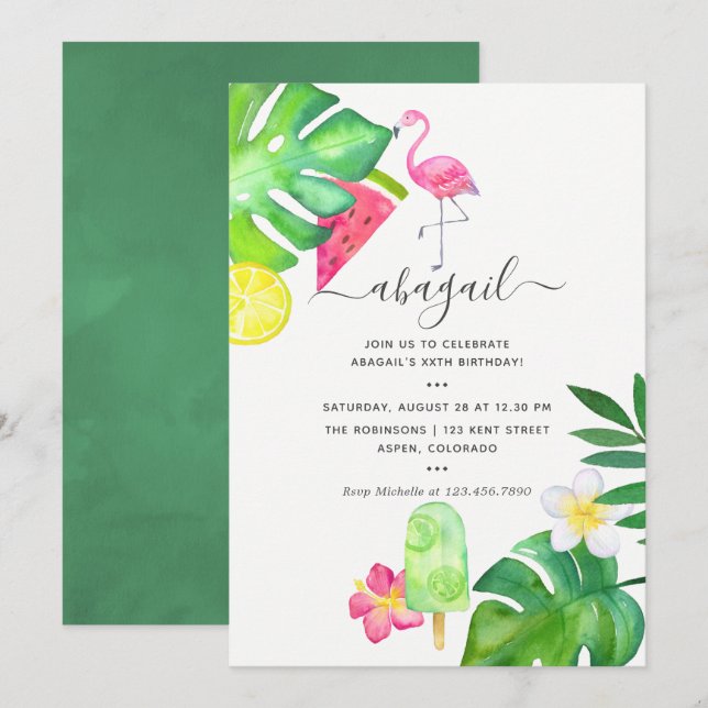 Invitation Flamant rose rose Aquarelle tropicale Anniversaire (Devant / Derrière)