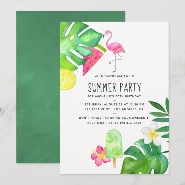 Invitation Flamant rose rose Aquarelle tropicale Anniversaire (Devant / Derrière)