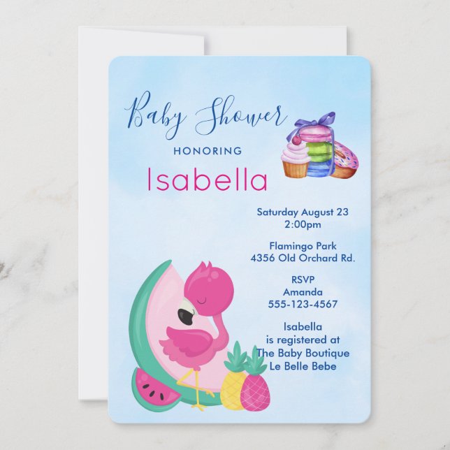 Invitation Flamant rose rose avec Baby shower de fruits tropi (Devant)