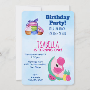 Invitation Flamant rose rose avec fruits tropicaux fête d'ann