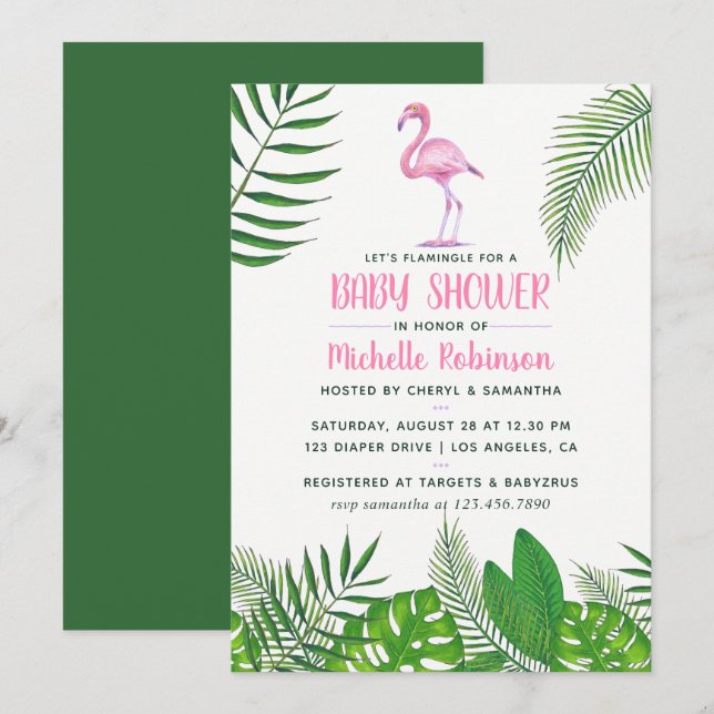 Invitation Flamant rose rose Baby shower de fille d'aquarelle (Devant / Derrière)