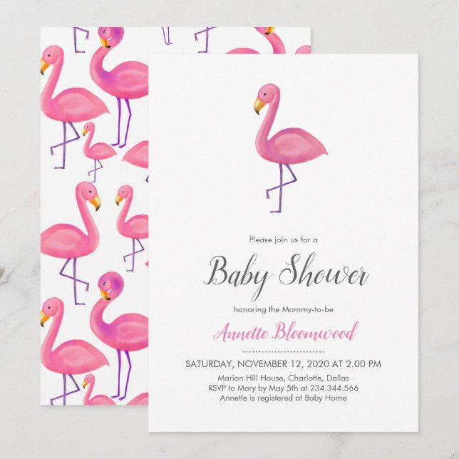 Invitation Flamant rose rose Baby shower moderne (Devant / Derrière)