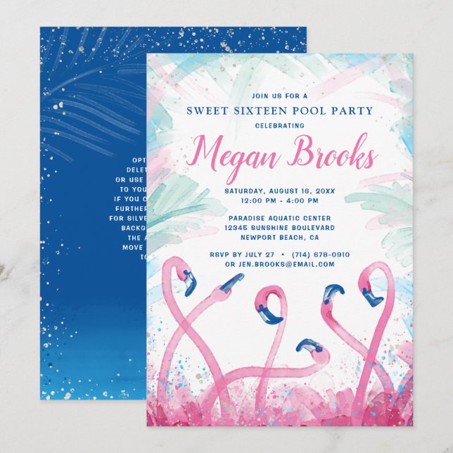 Invitation Flamant rose rose bleu fête de la piscine douce 16 (Devant / Derrière)