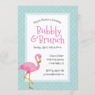 Invitation Flamant rose rose Bubbly Anniversaire Brunch